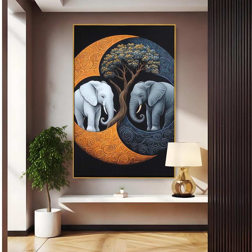 Tablou canvas cu tablou canvas cu elefanti si yin si yang, in rama de aluminiu auriu